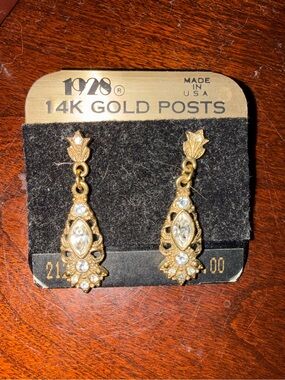 1928 Gold-Tone Drop Earrings with Clear Stones 14kt gold posts